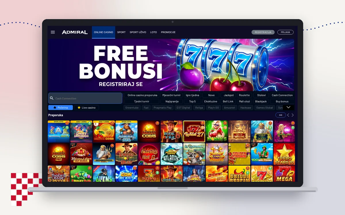 Lobby Admiral casina na laptopu s bannerom Free bonusi