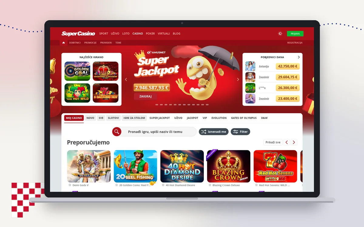 Početna stranica SuperCasina na laptopu s jackpot brojačem i ponudom slot igara