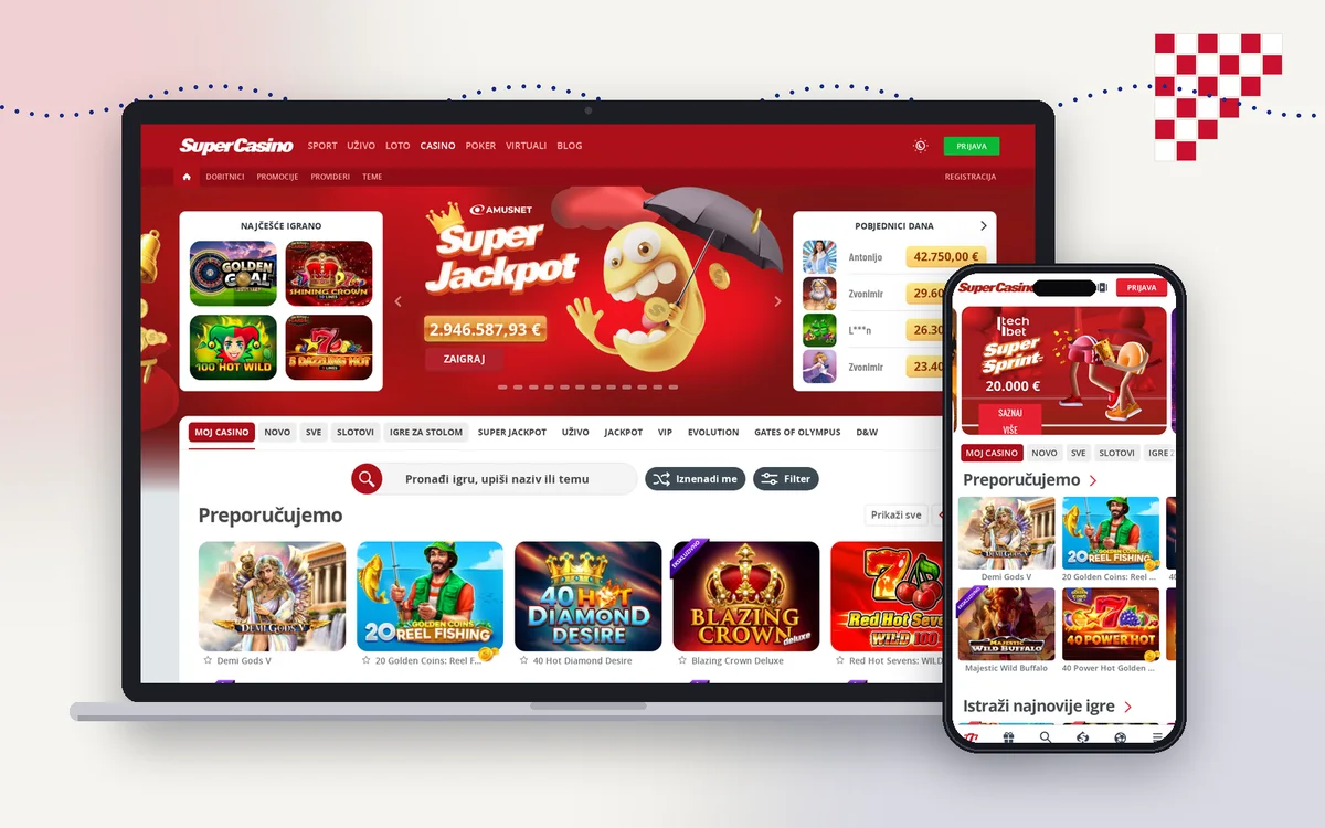 Početna stranica SuperCasina by SuperSport prikazana na laptopu i mobitelu